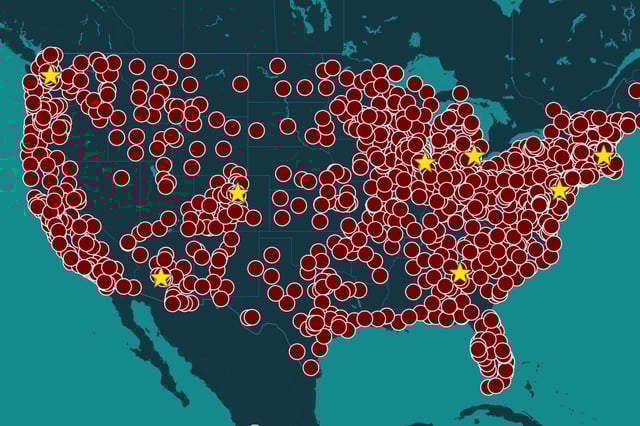 Map of Hands Off! protests across the continental US.