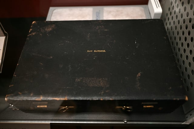 Burgess's personalised briefcase is part of the display at the National Archives