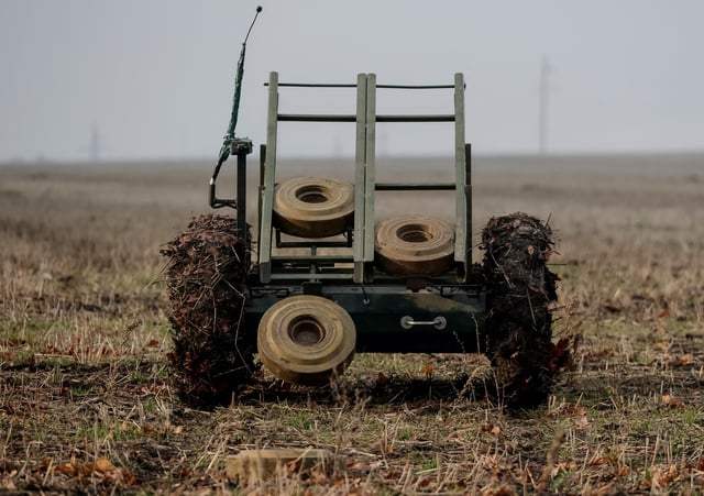 A mine-laying unmanned ground vehicle with anti-tank landmines installed on it operates in Kharkiv region amid Russia's attack on Ukraine January 13, 2025. REUTERS/Sofiia Gatilova/File Photo