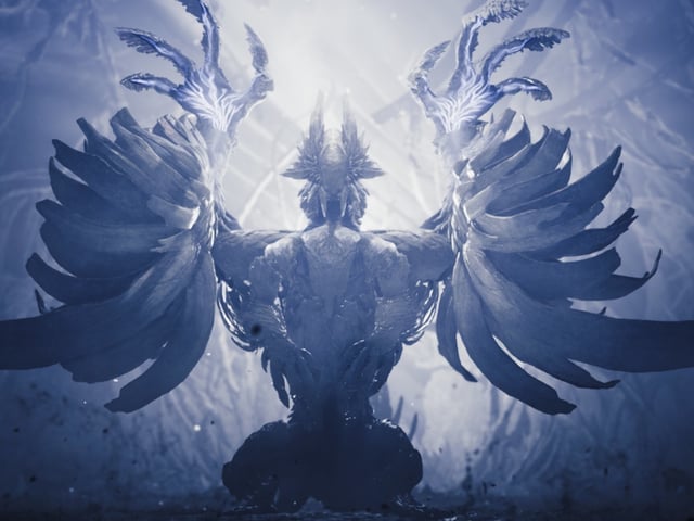 Zoh Shia, a monster in Monster Hunter Wilds, rears onto its hind legs in a regal, threatening posture.