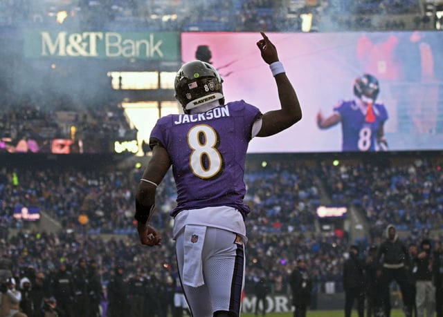 Ravens quarterback Lamar Jackson is introduced before the Browns game at M&amp;T Bank Stadium. (Kenneth K. Lam/Staff)