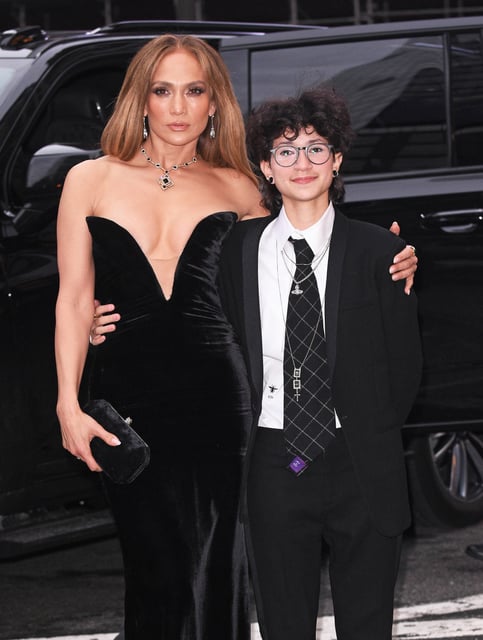 Jennifer Lopez (left) and Emme Maribel Muñiz attended opening night of "Good Night, and Good Luck" on April 3 in New York City.