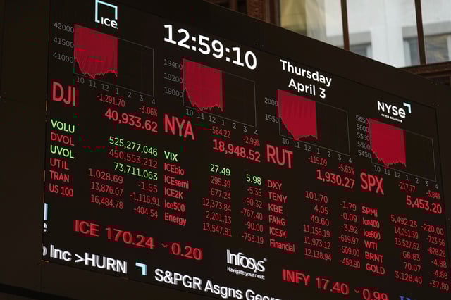 A screen displays financial news as traders work on the floor at the New York Stock Exchange in New York, Thursday, April 3, 2025. (AP Photo/Seth Wenig)