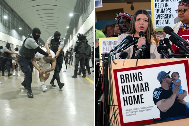 Jennifer Vasquez Sura (right), the wife of Kilmar Abrego Garcia (left) of Maryland, who was mistakenly deported to El Salvador, speaks during a news conference at CASA&#39;s Multicultural Center in Hyattsville, Md., Friday, April 4, 2025.