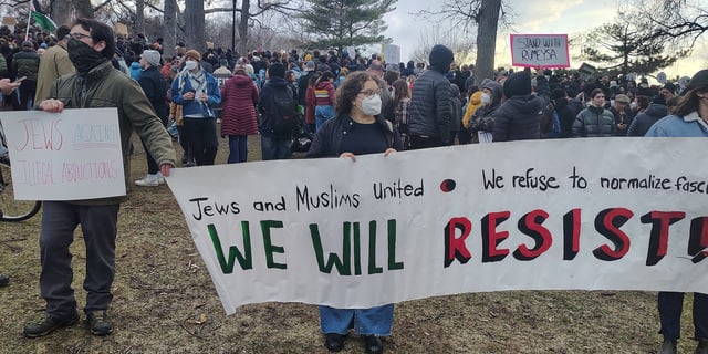 Jews attend a rally in support of detained pro-Palestinian Tufts University graduate student Rümeysa Öztürk in Somerville, Massachusetts, March 26, 2025. Several Jews later left the rally after speakers began denouncing Israel. (Courtesy of Ron Newman)