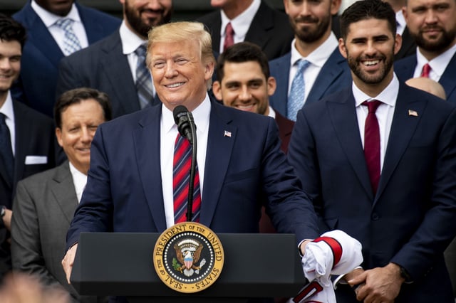 President Donald Trump speaks as he welcomes members of the Boston Red Sox during a visit to the White House in recognition of the 2018 World Series championship on May 9, 2019 in Washington, DC.