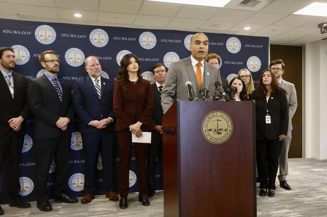 Washington state Attorney General Nick Brown gives news conference announcing a federal lawsuit challenging President Donald Trump's executive order attempting to overhaul elections in the U.S., in Seattle, Friday, April 4, 2025. (AP Photo/Manuel Valdes)