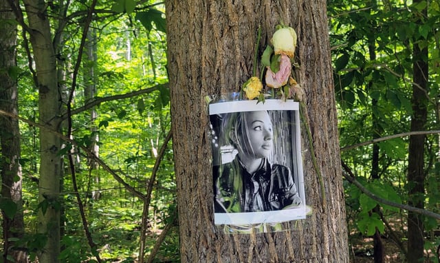 A memorial for Rachel Morin is displayed on a tree on the Ma &amp; Pa Heritage Trail in Bel Air on Friday.