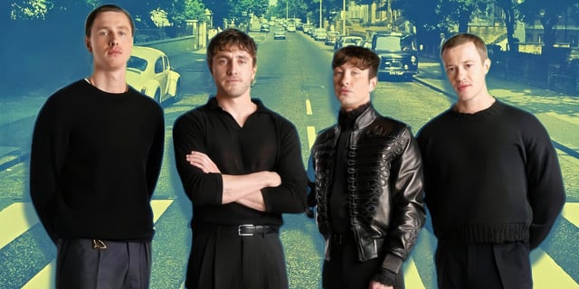 Harris Dickinson, Paul Mescal, Barry Keoghan, and Joseph Quinn in front of Abbey Road.