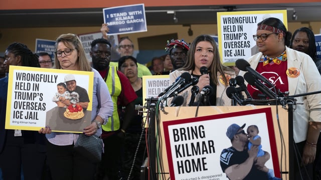 Jennifer Vasquez Sura, the wife of Kilmar Abrego Garcia of Maryland, who was mistakenly deported to El Salvador, speaks during a news conference at CASA's Multicultural Center in Hyattsville, Md, on Friday, April 4. 