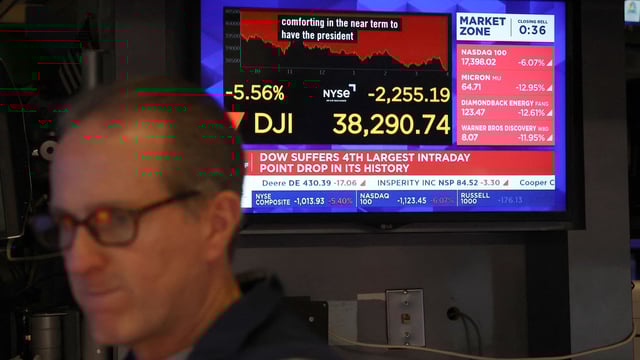 A trader works on the floor of the New York Stock Exchange April 4, 2025, in New York. Wall Street stocks suffered another bruising sell-off April 4, as major indices slumped more than five per cent following President Donald Trump's aggressive tariff policies. 