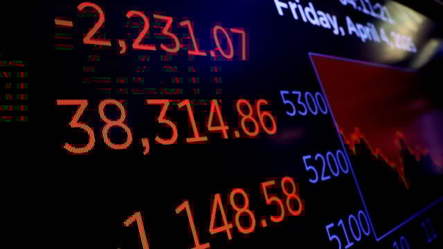 A screen shows the Dow Jones Industrial Average after the close of trading on the floor at the New York Stock Exchange (NYSE) after the closing bell in New York City, US, April 4.