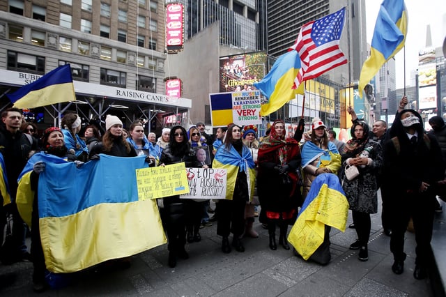 This illustrative image from December 10, 2022 shows Ukrainians and supporters attend a protest against the Russian invasion of Ukraine in Times Square.