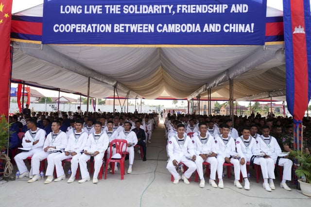 Cambodian navy officers attend an official inauguration of the Ream Naval Base in Sihanoukville, southwestern of Phnom Penh, Cambodia, Saturday, April 5, 2025. (AP Photo/Heng Sinith)