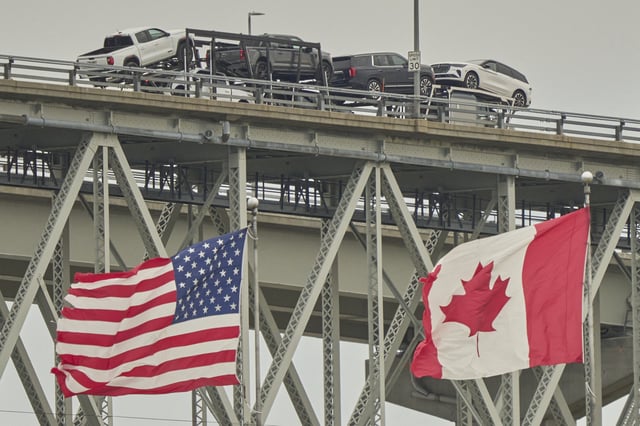The Blue Water Bridge border crossing into the United States from Sarnia, Ontario, Canada on April 3, 2025.