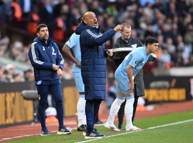 Soccer Football - Premier League - Aston Villa v Nottingham Forest - Villa Park, Birmingham, Britain - April 5, 2025  Nottingham Forest manager Nuno Espirito Santo reacts REUTERS/Jaimi Joy EDITORIAL USE ONLY. NO USE WITH UNAUTHORIZED AUDIO, VIDEO, DATA, FIXTURE LISTS, CLUB/LEAGUE LOGOS OR 'LIVE' SERVICES. ONLINE IN-MATCH USE LIMITED TO 120 IMAGES, NO VIDEO EMULATION. NO USE IN BETTING, GAMES OR SINGLE CLUB/LEAGUE/PLAYER PUBLICATIONS. PLEASE CONTACT YOUR ACCOUNT REPRESENTATIVE FOR FURTHER DETAILS..
