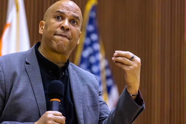 Sen. Cory Booker, D-N.J., speaks at a town hall event held at the Bergen Community College in Paramus, N.J., on on Saturday, April 5, 2025. (AP Photo/Stefan Jeremiah)