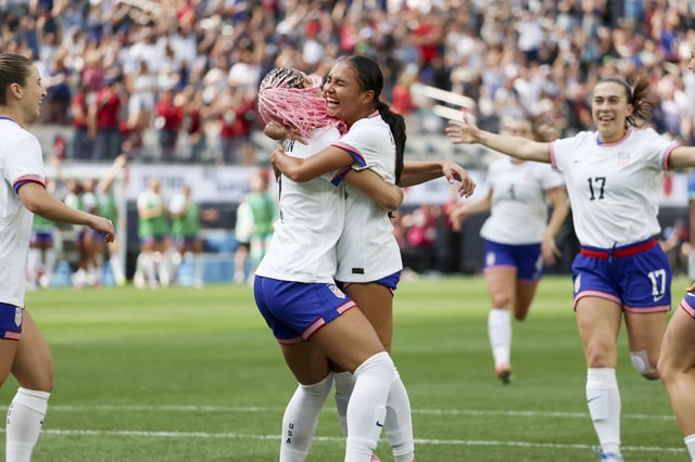 Apr 5, 2025; Inglewood, California, USA; United States of America forward Trinity Rodman (2) celebrates her goal with forward Alyssa Thompson (11) against Brazil at SoFi Stadium. Bailey Holiver-Imagn Images