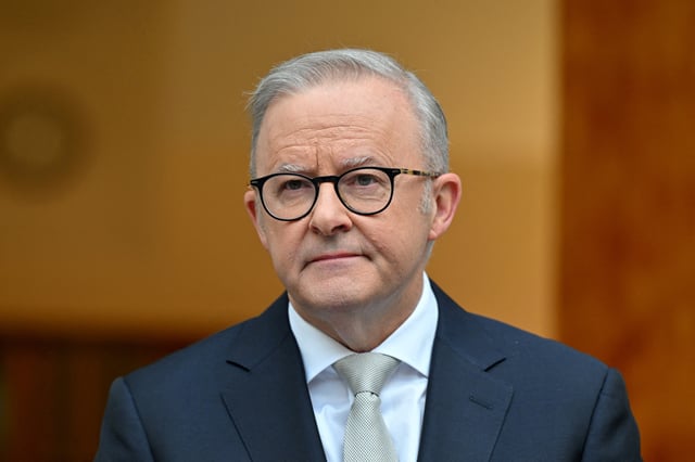 Australian Prime Minister Anthony Albanese attends a press conference after visiting Government House to dissolve Parliament and call an election in Canberra, Australia, March 28, 2025. AAP/Mick Tsikas via REUTERS/File Photo