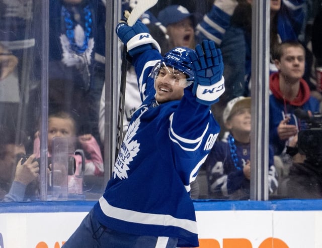 Toronto Maple Leafs left winger Nick Robertson (89) celebrates after scoring on the Columbus Blue Jackets during first period NHL hockey action in Toronto on Saturday April 5, 2025. THE CANADIAN PRESS/Frank Gunn