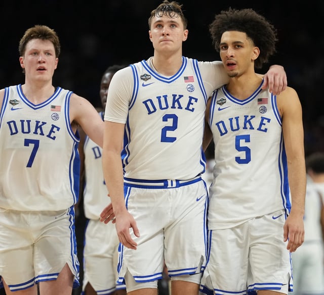 Duke forward Cooper Flagg (2) stands with teammates Tyrese Proctor (5) and Kon Knueppel after their loss to Houston in the national semifinals of the 2025 NCAA men's tournament at the Alamodome.