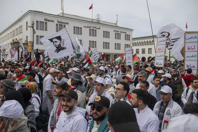 Tens of thousands take part in a demonstration in Rabat, Morocco, Sunday, April 6, 2025 as they protest Israel’s latest offensive in Gaza and U.S. President Donald Trump's proposal to displace Palestinians and clear the territory for development. (AP Photo)