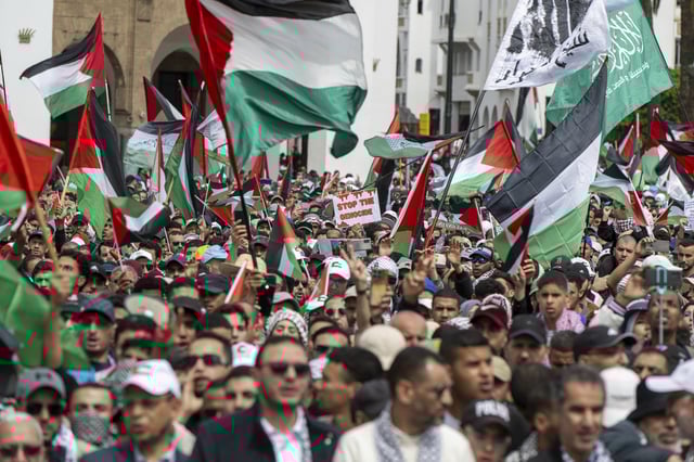 Tens of thousands take part in a demonstration in Rabat, Morocco, Sunday, April 6, 2025 as they protest Israel’s latest offensive in Gaza and U.S. President Donald Trump's proposal to displace Palestinians and clear the territory for development. (AP Photo)