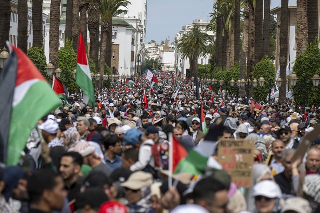 Tens of thousands take part in a demonstration in Rabat, Morocco, Sunday, April 6, 2025 as they protest Israel’s latest offensive in Gaza and U.S. President Donald Trump's proposal to displace Palestinians and clear the territory for development. (AP Photo)
