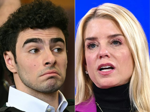 This combination of pictures created on April 1, 2025 shows accused killer Luigi Mangione and US Attorney General Pam Bondi, who is seeking the death penalty against him