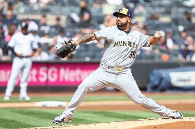 Mar 29, 2025; Bronx, New York, USA; Milwaukee Brewers starting pitcher Nestor Cortes (65) pitches in the first inning against the New York Yankees at Yankee Stadium. Mandatory Credit: Wendell Cruz-Imagn Images/File Photo