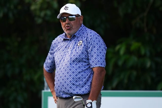BOCA RATON, FLORIDA - APRIL 05: Ángel Cabrera looks on at the 8th tee during the second round of the James Hardie Pro-Football Hall of Fame Invitational 2025 at The Old Course at Broken Sound on April 05, 2025 in Boca Raton, Florida.