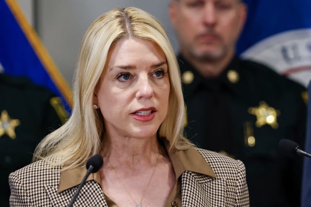 US Attorney General Pam Bondi speaks during a press conference about MS-13 gang activity at the Broward County Sheriff&#39;s Office Research, Development and Training Center in Fort Lauderdale, Florida, April 4, 2025.