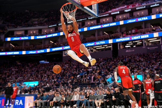 Apr 6, 2025; San Francisco, California, USA; Houston Rockets guard Dillon Brooks (9) dunks the ball against the Golden State Warriors in the third quarter at the Chase Center. Mandatory Credit: Cary Edmondson-Imagn Images