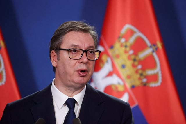 Serbian President Aleksandar Vucic gives a statement next to Hungarian Prime Minister Viktor Orban (not pictured) after the countries' bilateral committee for strategic cooperation meeting in Budapest, Hungary, November 14, 2024. REUTERS/Bernadett Szabo/File Photo