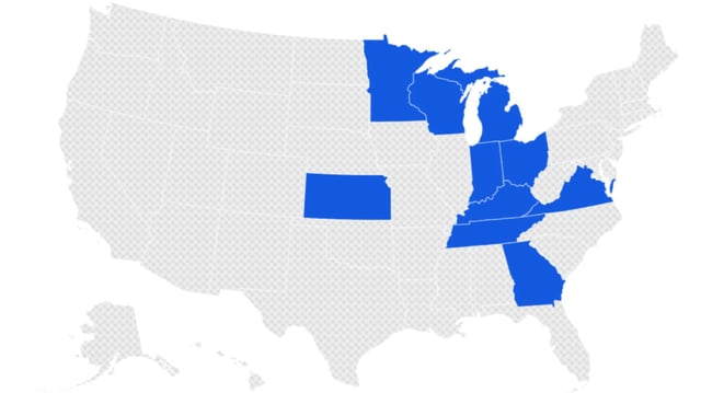 A map showing the states affected by a sausage recall.