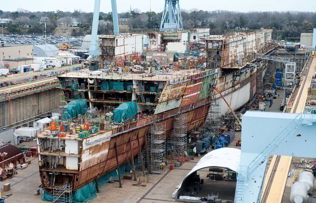 The aircraft carrier Gerald R. Ford (CVN 78) is under construction at Huntington Ingalls Industries-Newport News Shipbuilding in Newport News, Virginia, U.S., in this February 27, 2012 handout photo. Ricky Thompson/U.S. Navy/Handout via REUTERS/File Photo