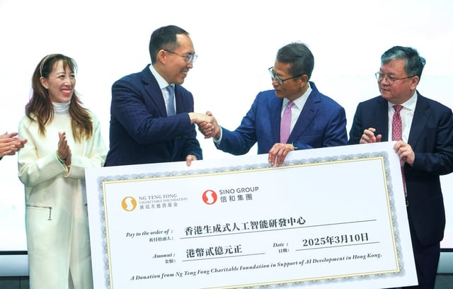 (From left) Nikki Ng and Daryl Ng of Sino Group with Hong Kong’s Financial Secretary Paul Chan and Guo Yike, provost of Hong Kong University of Science and Technology, at an event in the city in March. Photo: Dickson Lee