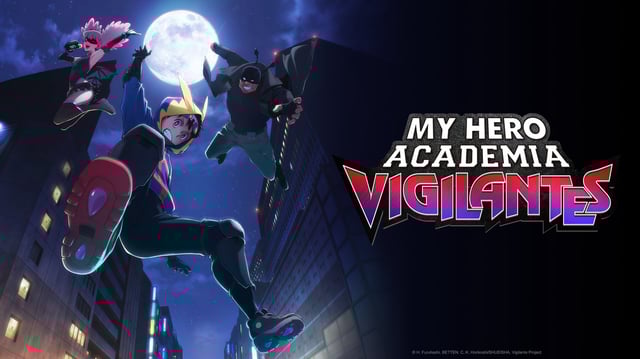 Key art for My Hero Academia: Vigilantes showing Pop Step, Koichi, and Knuckleduster leaping between buildings.