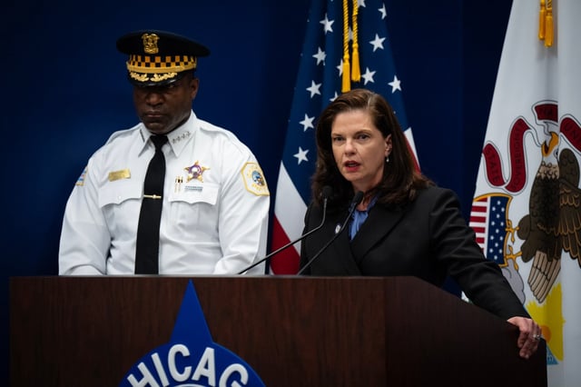 Cook County State&#39;s Attorney Eileen O&#39;Neill Burke announces felony and misdemeanor charges against a man who attacked five female victims over a few years in Humboldt Park, Lake View and Logan Square neighborhoods for multiple criminal sexual assault investigations in a press conference at City of Chicago Public Safety Headquarters on April 7, 2025. (E. Jason Wambsgans/Chicago Tribune)