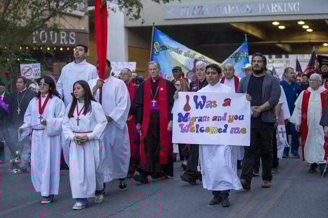 Catholic bishops lead a march in solidarity with migrants, Monday, March 24, 2025, in downtown El Paso, Texas. (AP Photo/Andres Leighton)