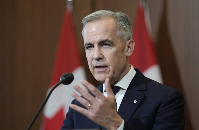 Prime Minister Mark Carney speaks about tariffs during a news conference on Parliament Hill in Ottawa on Thursday April 3, 2025.