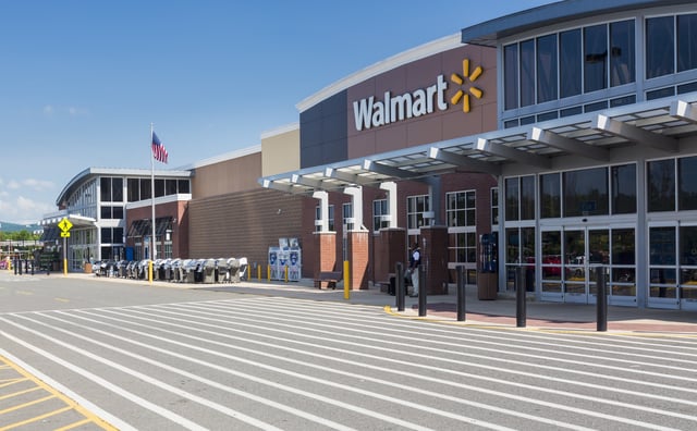 Entrance to large Walmart food supermarket or superstore in Haymarket, Virginia.