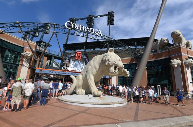 A general exterior view of the main gate entrance at Comerica Park as fans line up to enter prior to the game between the Detroit Tigers and the Boston Red Sox at Comerica Park on August 31, 2024 in Detroit.