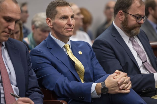 Judge Jefferson Griffin, the Republican candidate for the N.C. Supreme Court listens to testimony in Wake County Superior Court on February 7. (Robert Willett/The News & Observer via AP)