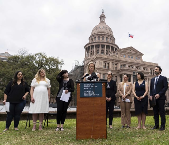 Amanda Zurawski, one of five plaintiffs, speaks in front of the state Capitol in Austin, Texas, March 7, 2023, as the Center for Reproductive Rights and the plaintiffs announced their lawsuit, which asked for clarity in Texas law as to when abortions can be provided under the &#34;medical emergency&#34; exception.