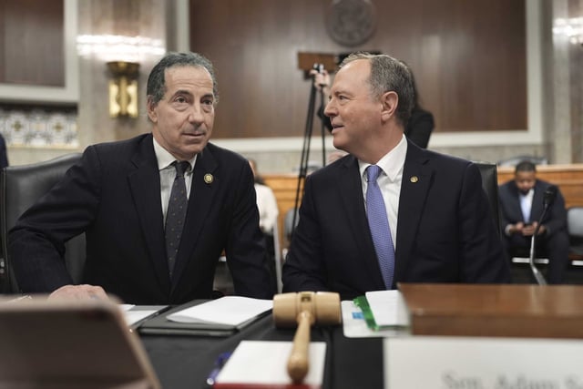 Rep. Jamie Raskin, D-Maryland, left, and Sen. Adam Schiff, D-California, hold a hearing about the Justice Department under President Donald Trump, on Capitol Hill on April 7, 2025. 