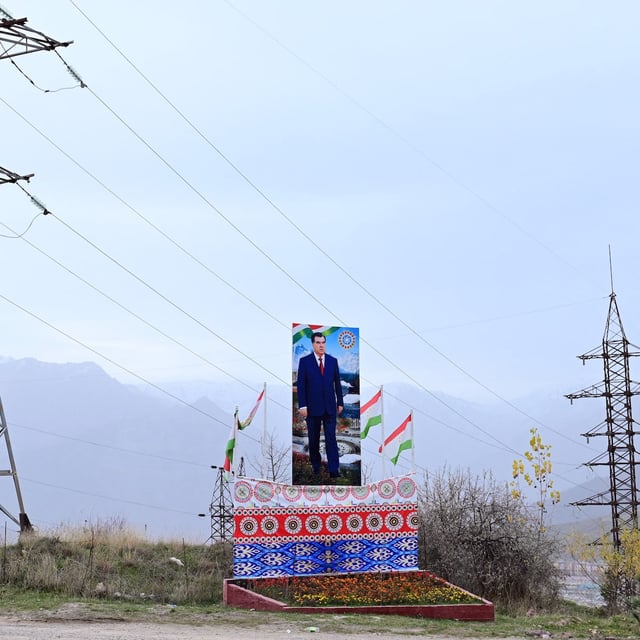 (FILES) A picture taken on November 28, 2024 shows power transmission lines near the Tajik city of Rogun. Tajikistan has introduced 10-year prison sentences for the illegal use of electricity, as a decades-long energy crisis caused by water shortages worsens in the poor Central Asian country. Electricity consumption in Tajikistan is limited for about six months per year, as its outdated energy infrastructure struggles to keep up with rising demand. (Photo by STRINGER / AFP) (Photo by STRINGER/AFP via Getty Images)
