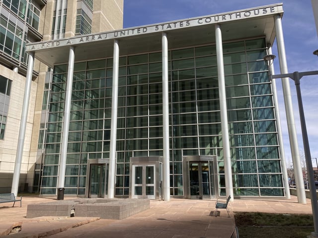 This photo shows the Alfred A. Arraj United States Courthouse in Denver on Tuesday, March 11, 2025. (AP Photo/Colleen Slevin)