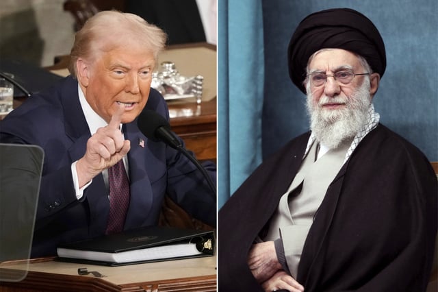 This combo of pictures show President Donald Trump, left, addressing a joint session of Congress at the Capitol in Washington, March 4, 2025, and a handout of Supreme Leader Ayatollah Ali Khamenei attending a ceremony in Tehran, Iran, March 8, 2025.