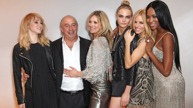 Sir Philip Green, Suki Waterhouse, Kate Moss, Cara Delevingne, Sienna Miller and Naomi Campbell at the launch of the “Kate Moss for TopShop Collection” in 2014